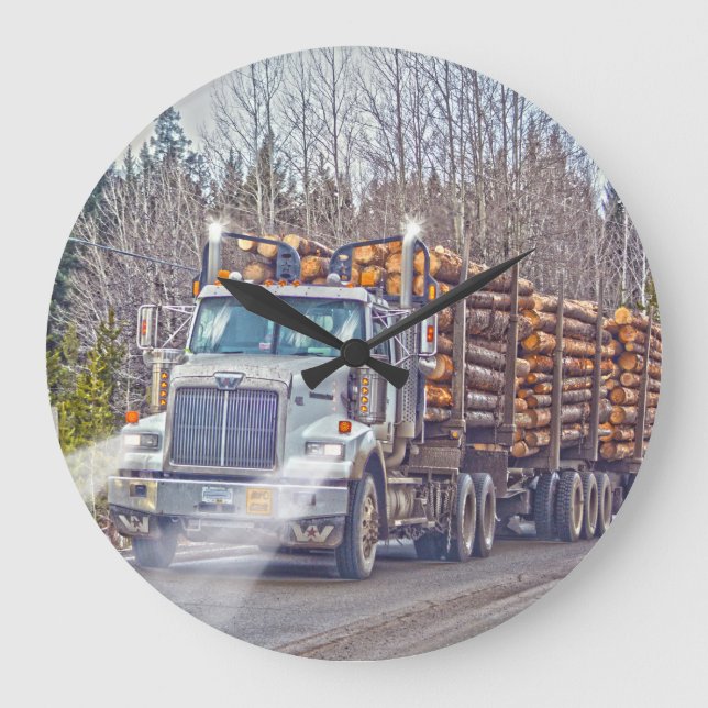 White Logging Truck Lumber Mill Delivery Art Large Clock (Front)
