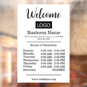 White Logo Hours of Operation Opening Times Window Cling