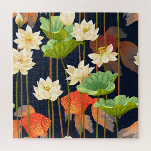 White lotus, fish: seamless pattern. jigsaw puzzle