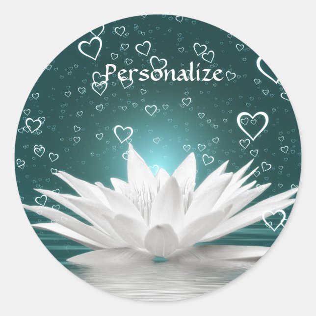 White Lotus Flower & Hearts Personalize Classic Round Sticker (Front)