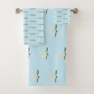 White Lotus  Flower Illustration  Bath Towel Set