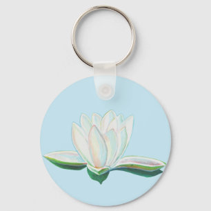 White Lotus Flower Illustration  Button Keychain