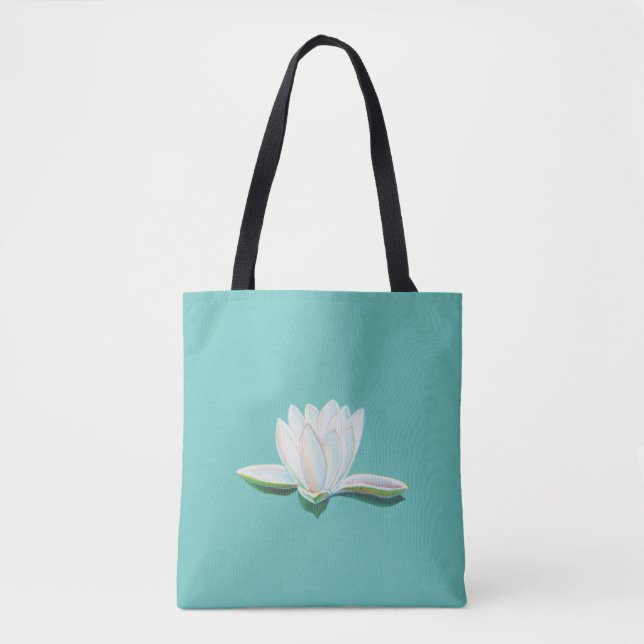 White Lotus Flower Illustration Mint Green  Tote Bag (Front)