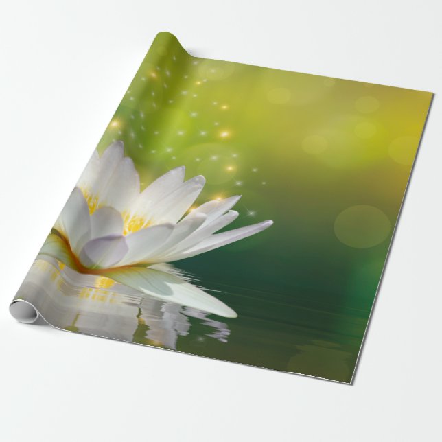 White Lotus Flower Landscape, Zen Wrapping Paper (Unrolled)
