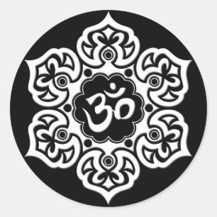 White Lotus Flower Om on Black Classic Round Sticker