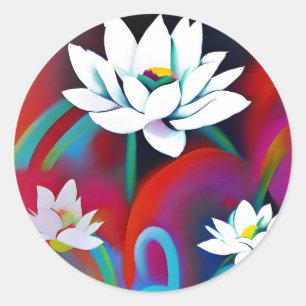 White lotus flowers on a colourful background classic round sticker