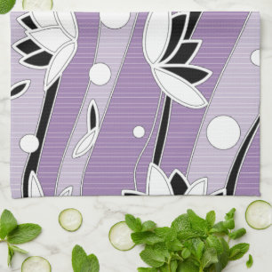 White Lotus Flowers on Purple Stripes Kitchen Towel