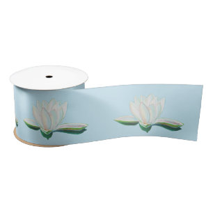 White Lotus Illustration Light Blue Satin Ribbon