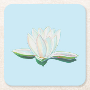 White Lotus Illustration Square Paper Coaster