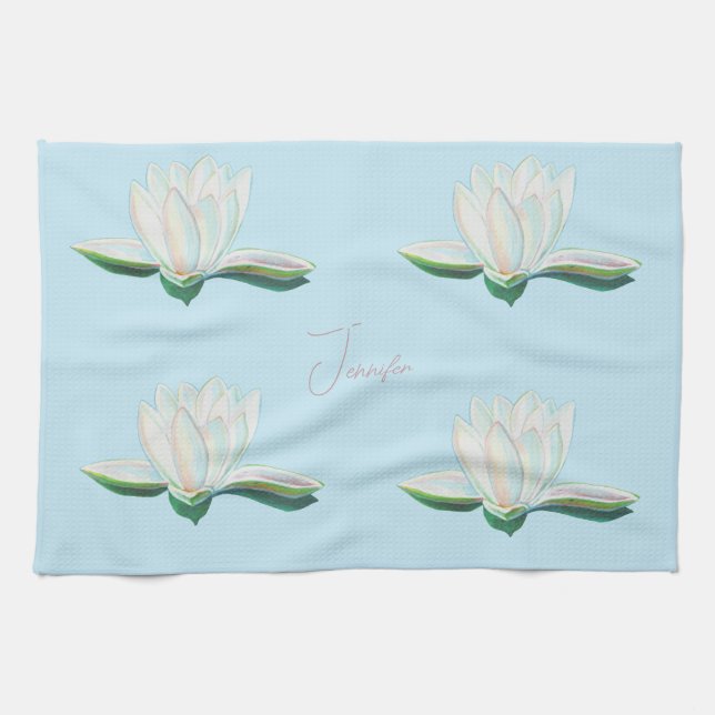 White Lotus Luminous Illustration Personalized  Kitchen Towel (Horizontal)