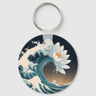 White Lotus & Ocean Wave – Elegance in Motion Keychain