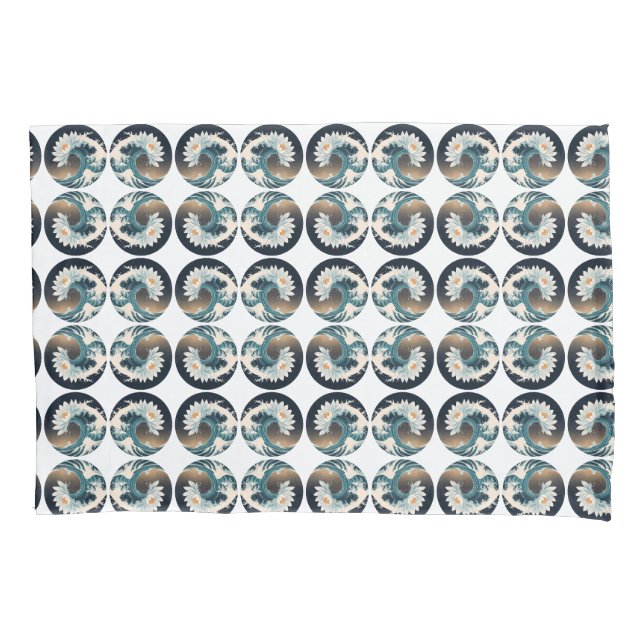 White Lotus & Ocean Wave – Elegance in Motion Pillowcase (Front)