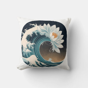 White Lotus & Ocean Wave – Elegance in Motion Throw Pillow