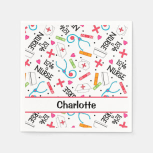 White Love a Nurse Whimsy Art Personalized Party Napkin