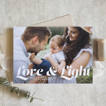 White Love and Light Typography Photo Hanukkah Holiday Card<br><div class="desc">Love and light | Send your Hanukkah greetings to family and friends with this customizable Hanukkah card. It features retro bold typography. Personalize this photo Hanukkah card by adding your details. This photo Hanukkah card is available in other colours and cardstock. Matching items are also available.</div>