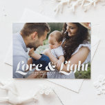 White Love and Light Typography Photo Hanukkah Holiday Postcard<br><div class="desc">Love and light | Send your Hanukkah greetings to family and friends with this customizable Hanukkah postcard. It features retro bold typography. Personalize this photo Hanukkah card by adding your details. This photo Hanukkah postcard is available in other colours and cardstock. Matching items are also available.</div>
