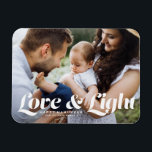 White Love and Light Typography Photo Hanukkah Magnet<br><div class="desc">Love and light | Celebrate the joyous Festival of Lights with our customizable photo Hanukkah magnet! This festive magnet allows you to showcase your favourite memories while adding a personal touch to your holiday decor. It features retro bold typography. Personalize this photo Hanukkah card by adding your details. An ideal...</div>