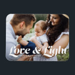 White Love and Light Typography Photo Hanukkah Magnet<br><div class="desc">Love and light | Celebrate the joyous Festival of Lights with our customizable photo Hanukkah magnet! This festive magnet allows you to showcase your favourite memories while adding a personal touch to your holiday decor. It features retro bold typography. Personalize this photo Hanukkah card by adding your details. An ideal...</div>