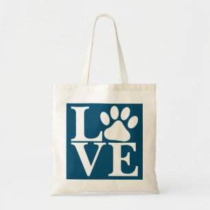 White LOVE Word Dog Paws Pattern On Dark Teal Blue Tote Bag