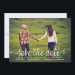 White Lovely Calligraphy Photo Save The Date<br><div class="desc">Whimsical and elegant save the date announcement featuring modern calligraphy and polka dots pattern. Personalize this modern save the date by adding your details. Other colours are available.</div>