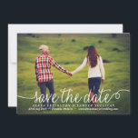 White Lovely Calligraphy Photo Save The Date<br><div class="desc">Whimsical and elegant save the date announcement featuring modern calligraphy and polka dots pattern. Personalize this modern save the date by adding your details. Other colours are available.</div>