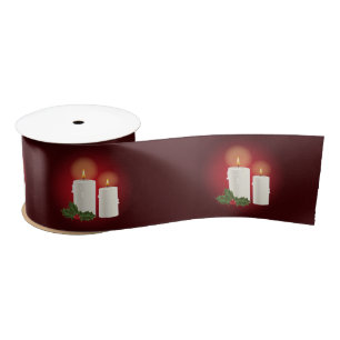 White Lovely Christmas Candles On Red With Holly Satin Ribbon
