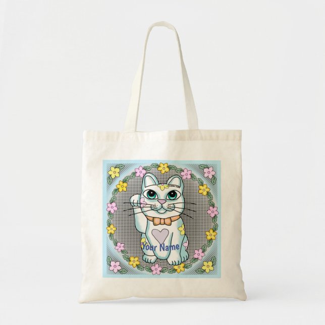 White Lucky Cat  Tote Bag (Front)