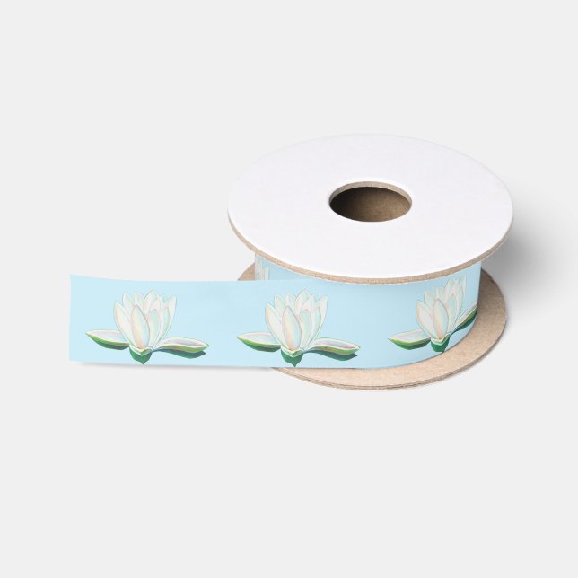 White Luminous Lotus Illustration Light Blue Satin Ribbon (Spool)