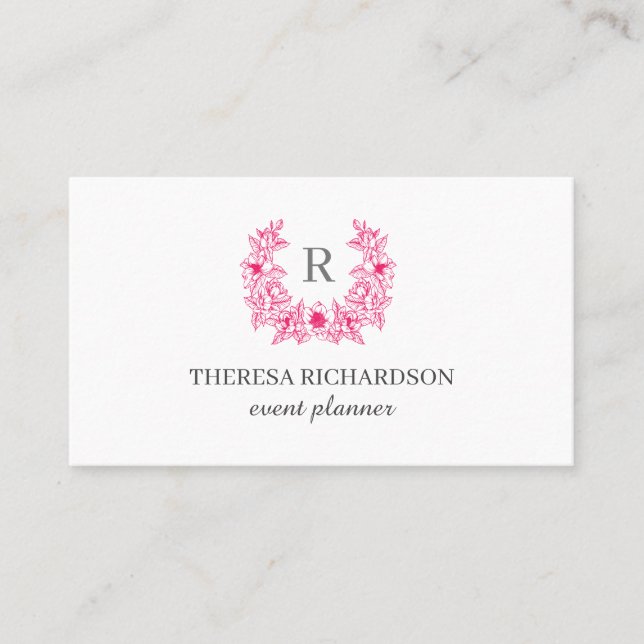 White Magenta Magnolia Wreath Monogram elegant Business Card (Front)