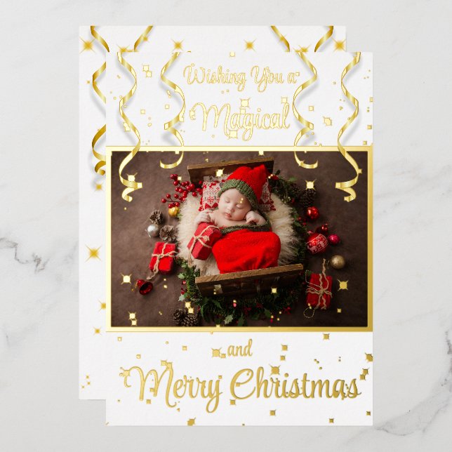 White Magical Photo Merry Christmas Greeting Foil Holiday Card (Front/Back)