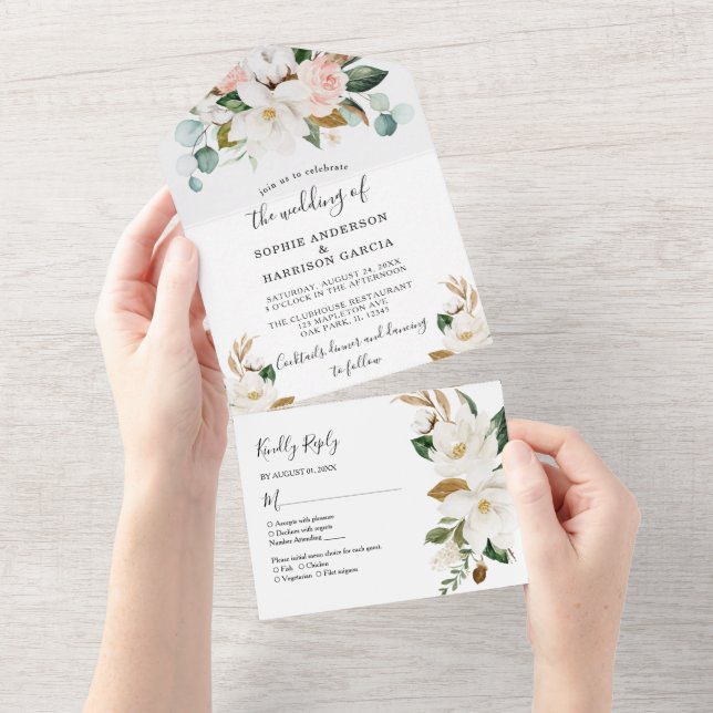  White Magnolia And Blush Pink Gold Floral Wedding All In One Invitation (Tearaway)