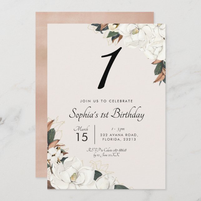 White Magnolia Birthday Party Invitation (Front/Back)