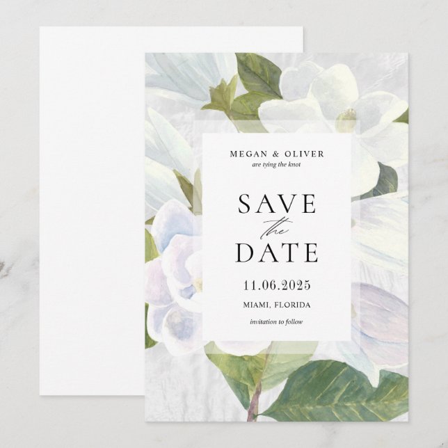 White Magnolia Blooms Wedding Save the Date Card (Front/Back)