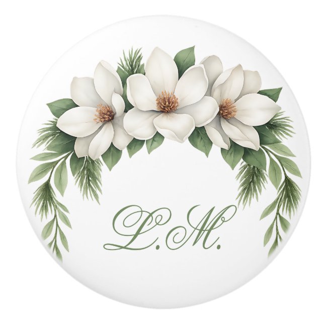 White Magnolia Blossom Floral Greenery Monogram Ceramic Knob (Front)