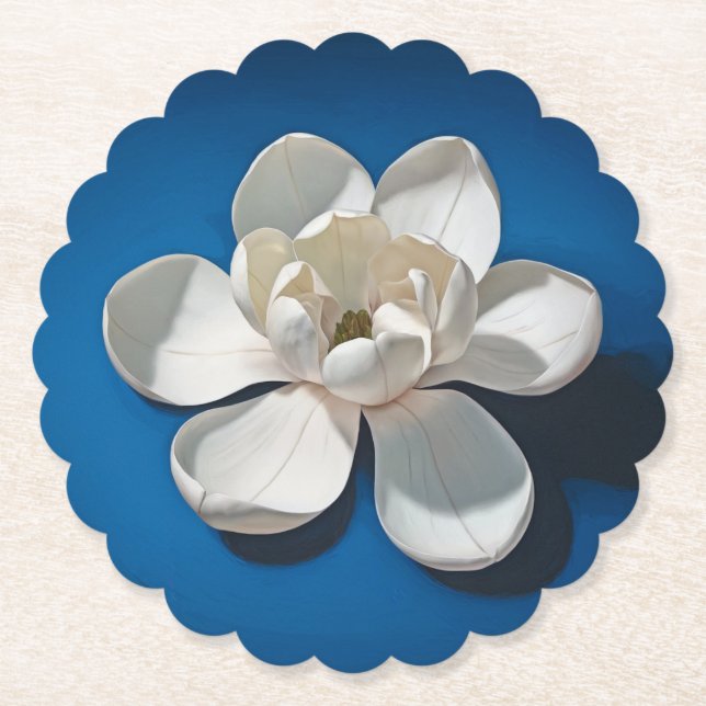 White Magnolia Blue Scalloped Round Coaster (Front)