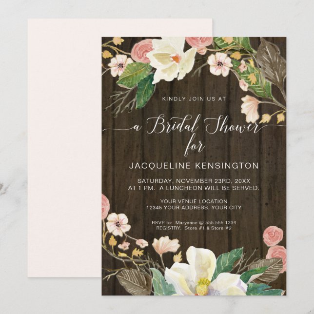 White Magnolia Blush Floral Rustic Barn Wood Invitation (Front/Back)