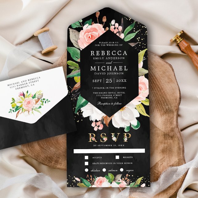 White Magnolia Blush Pink Floral Black Wedding All In One Invitation (Creator Uploaded)