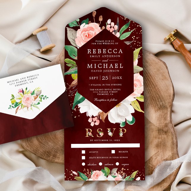 White Magnolia Blush Pink Floral Burgundy Wedding All In One Invitation (Creator Uploaded)