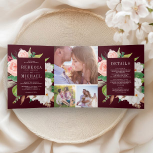 White Magnolia Blush Pink Floral Burgundy Wedding Tri-Fold Invitation