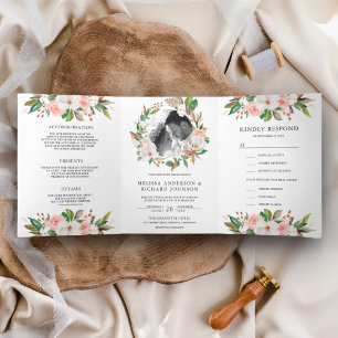 White Magnolia Blush Pink Floral Wreath Wedding Tri-Fold Invitation