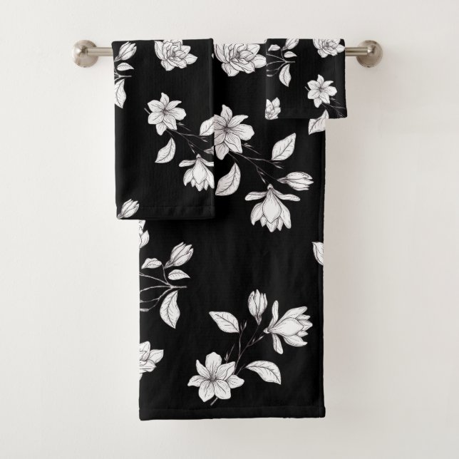 White Magnolia Branches On Black Bath Towel Set (Insitu)