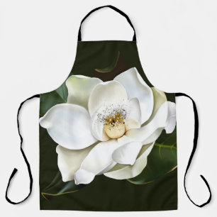 White Magnolia Closeup Green Background Apron