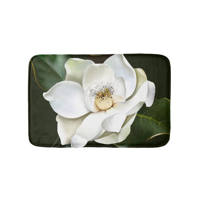White Magnolia Closeup Green Background Bath Mat (Front)