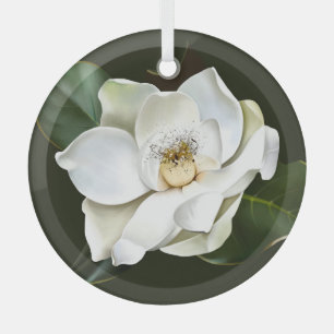 White Magnolia Closeup Green Background Glass Ornament