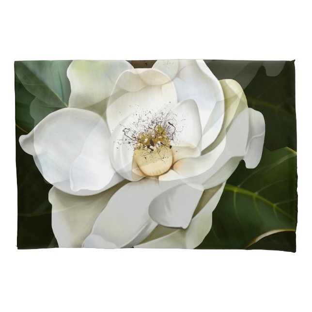 White Magnolia Closeup Green Background Pillowcase (Front)
