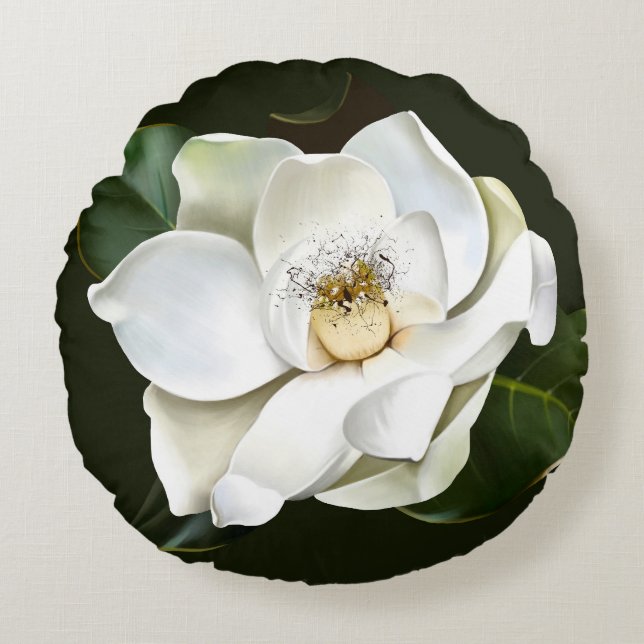 White Magnolia Closeup Green Background Round Pillow (Front)
