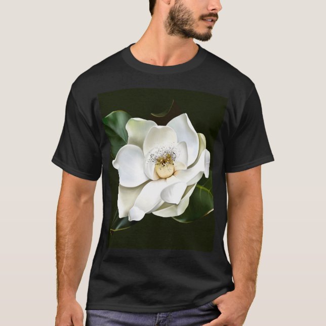 White Magnolia Closeup Green Background T-Shirt (Front)