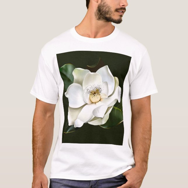 White Magnolia Closeup Green Background T-Shirt (Front)