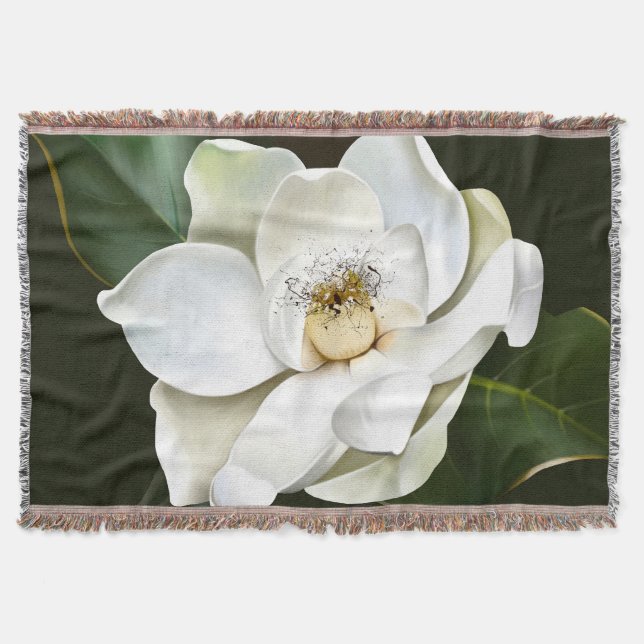White Magnolia Closeup Green Background Throw Blanket (Front)