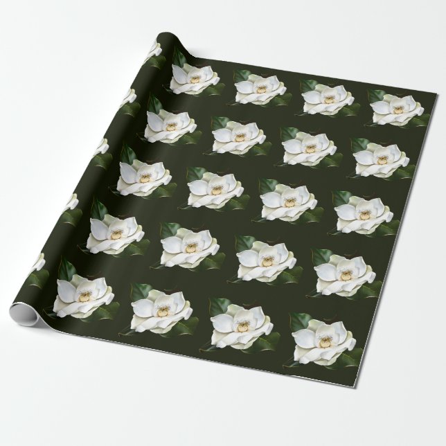 White Magnolia Closeup Green Background Wrapping Paper (Unrolled)